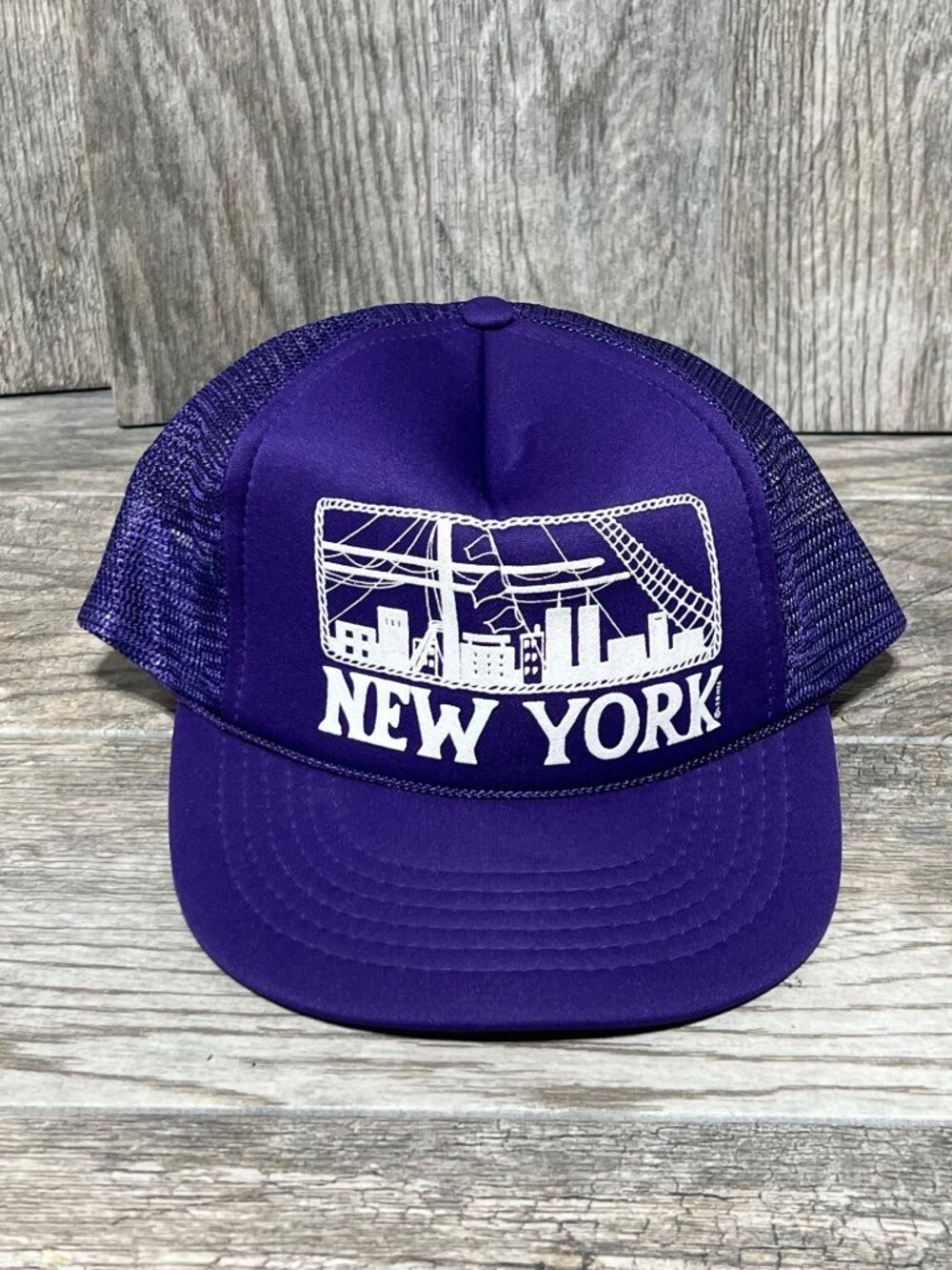 Vintage KC New York City Skyline Purple Trucker Mesh Snapback Hat Cap Retro 80s